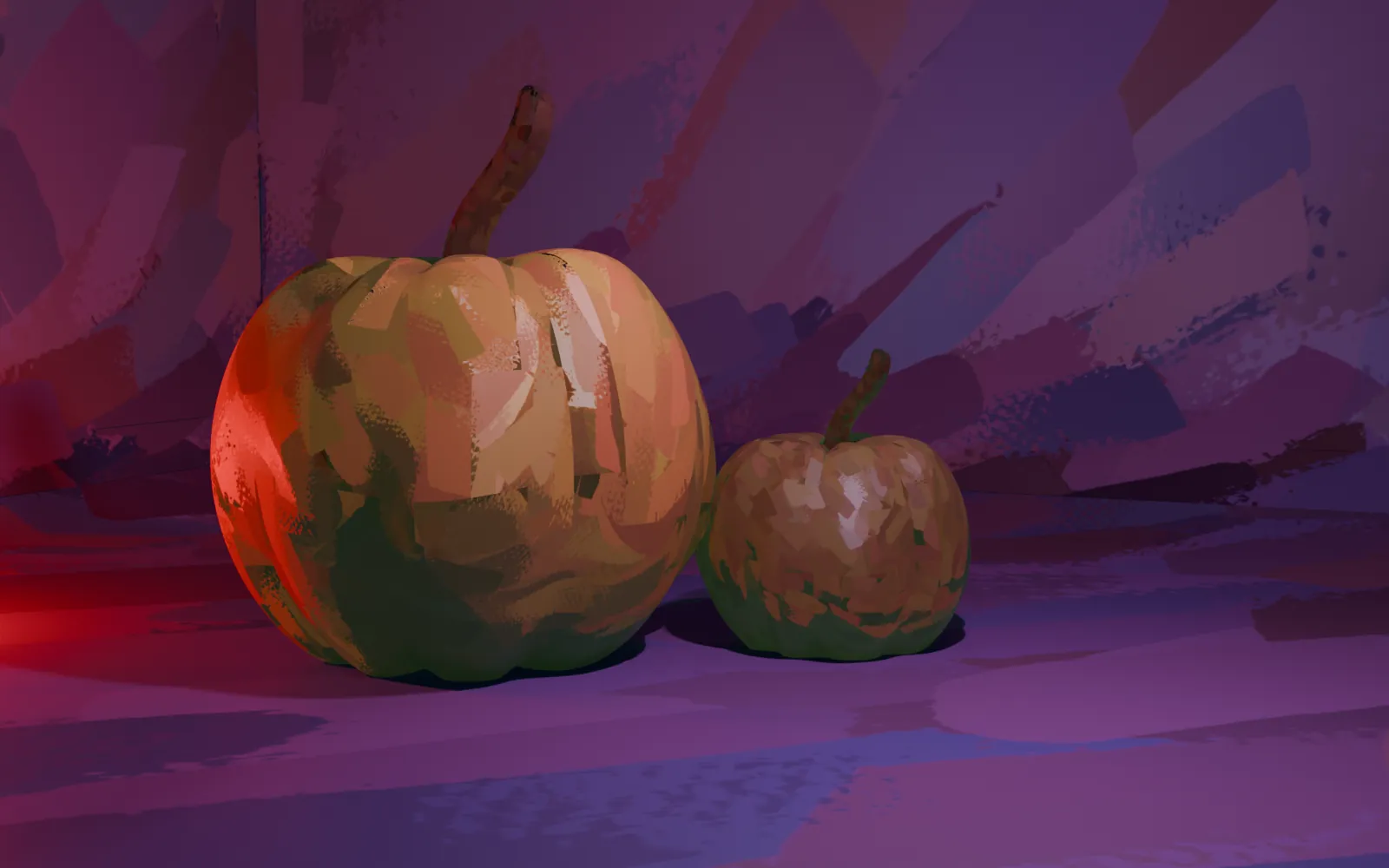 Two pumpkins rendered in Blender with hand-painted brush strokes in orange, brown and green