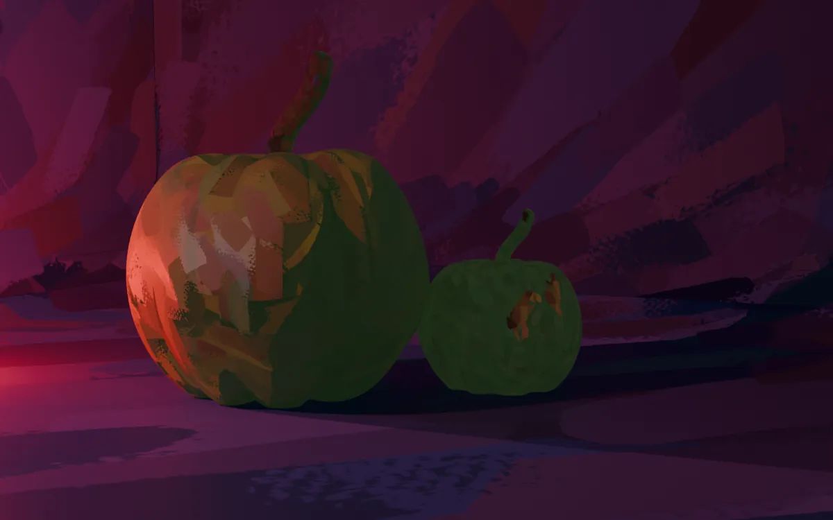 Pumpkins lit from the left: the left sides are orange, the right sides green