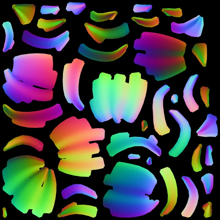 The baked object-space normal map, smooth colour gradients on UV islands
