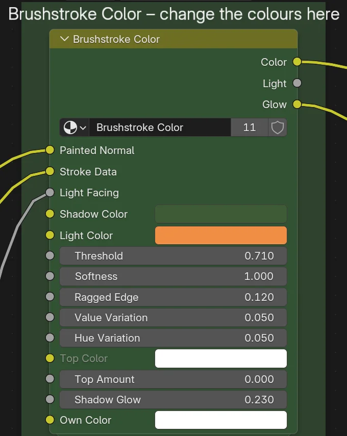 The Brushstroke Color node group with all its inputs