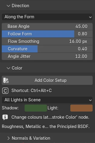 The Color section of the panel with the shadow and light colour swatches