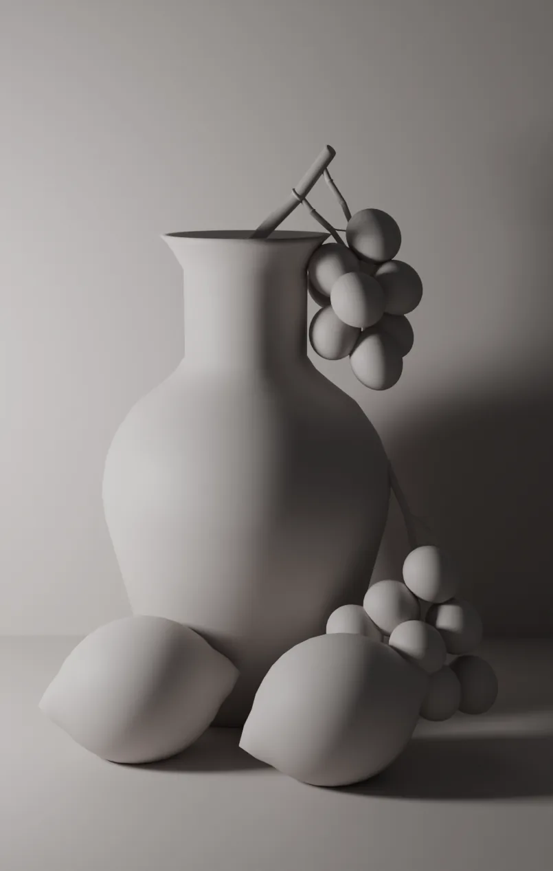 Still life of a vase, grapes and two lemons rendered in plain grey without textures