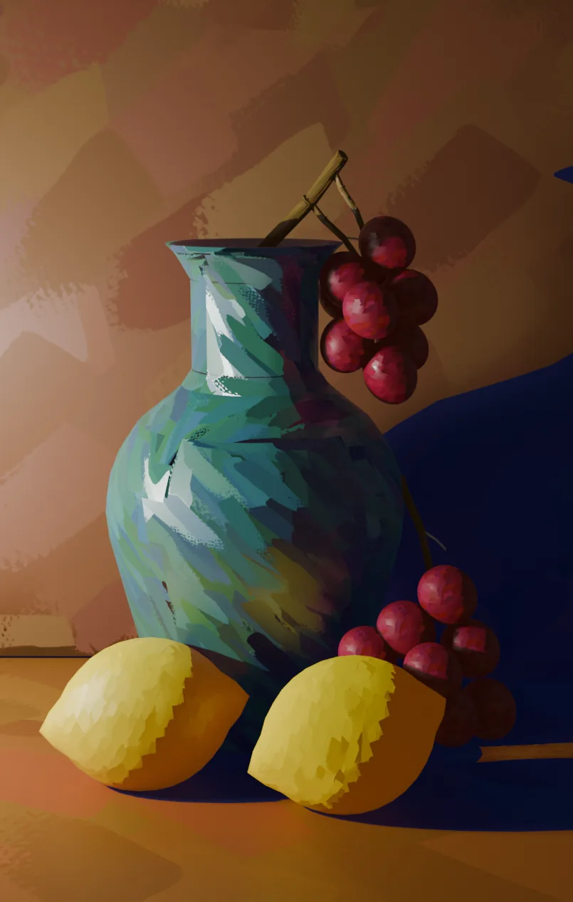 The same still life with painted brush strokes: a teal vase, red grapes and yellow lemons on an orange table